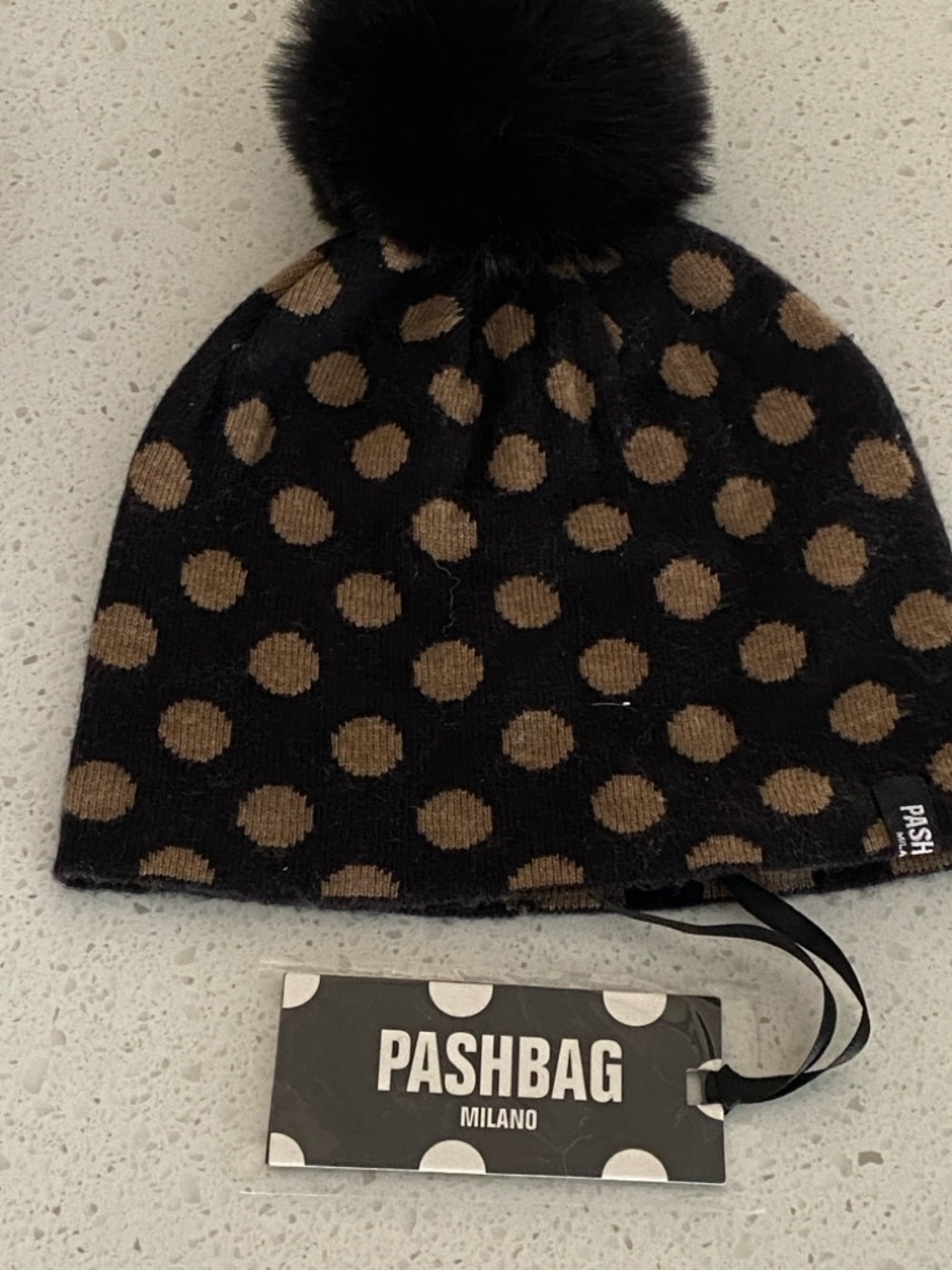 NWT PASHBAG cashmere blend Women's Black & Brown Polka Dot Pom Beanie fur